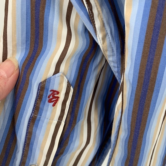 Robert Graham blue brown stripe men shirt button cotton flip cuff Medium M - Picture 3 of 7